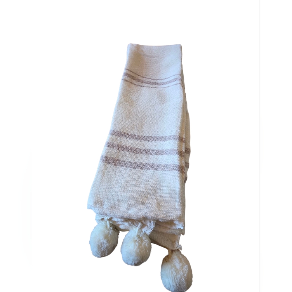 Cream & Tan Pom Pom Corner Throw Blanket OS